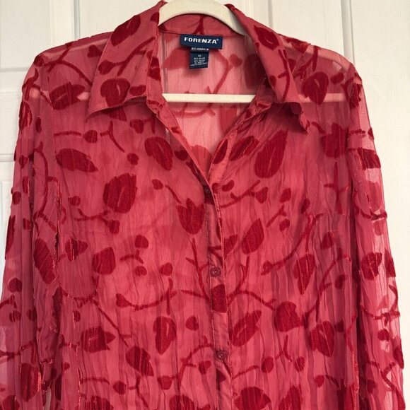 Vtg Forenza Women’s Top Sz 10 Sheer Floral Red Velvet Burnout Bell Sleeve Y2K - Picture 2 of 12